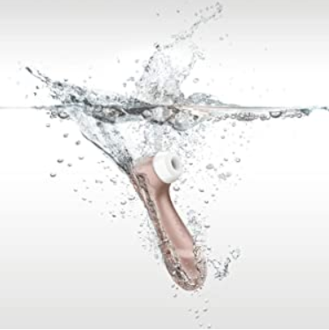 On a white background, a bronze coloured long object is pictured splashing into clear water and has a white round rubber ring at one end that has a small opening.