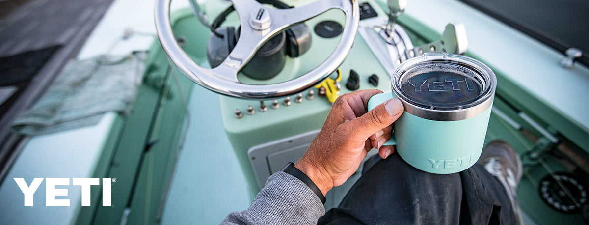 YETI Sea Foam mug on boat