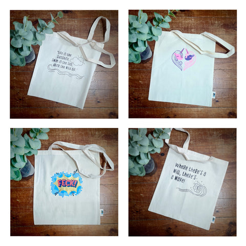 4 photos of tote bags with different images on them