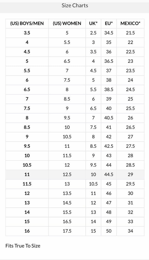 size chart for air force ones