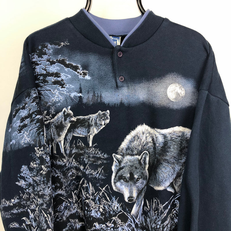 Vintage 90s Wolf Print Button Sweatshirt - Men's Large/Women's XL ...