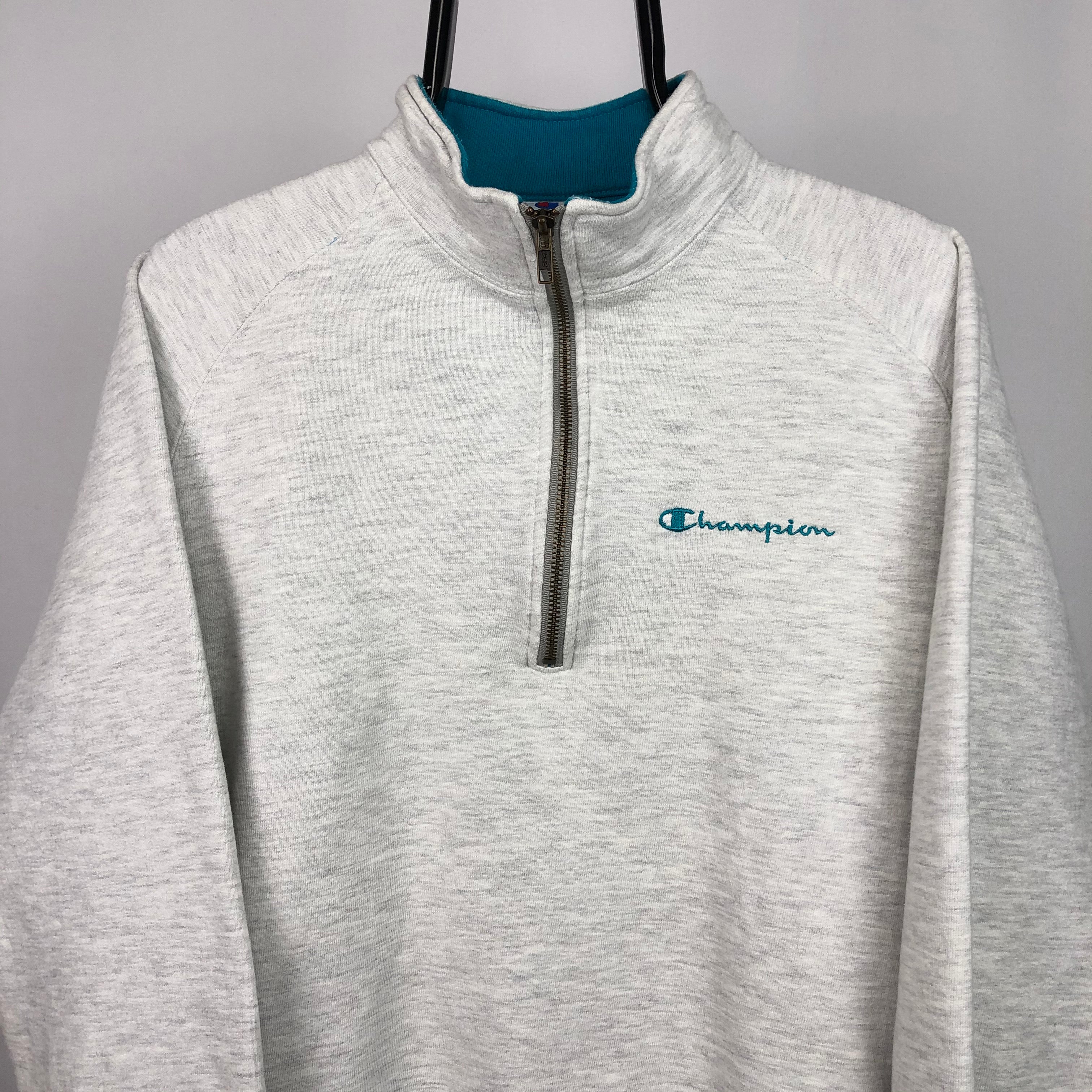 Vintage Champion 1/4 Zip Sweatshirt in Grey/Turquoise - Men's Medium/W ...