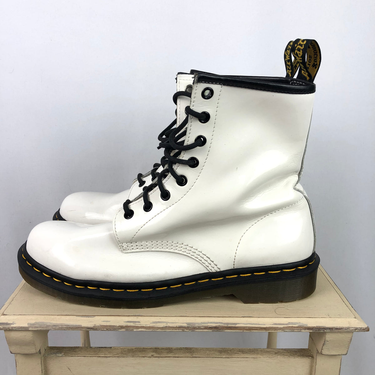 Dr Martens Patent 1460 Boots in White - UK9/EU43 - Vintique Clothing