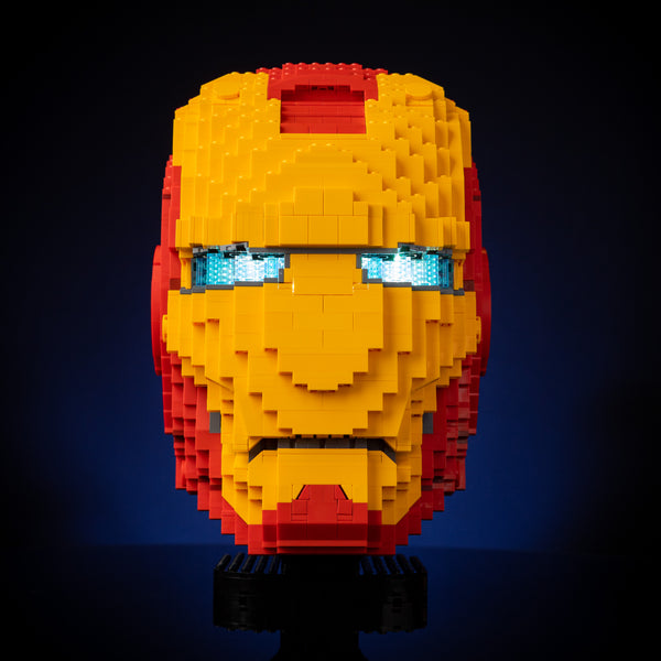 iron man helmet replica in lego bricks with critiqued gonzo nose