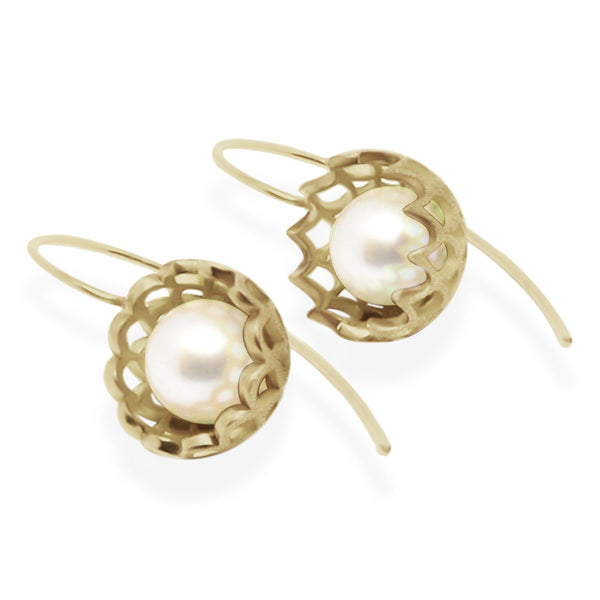 Scallop & Spike Pearl Drop Earrings in Solid 14k Rose Gold and Lavender Pearls