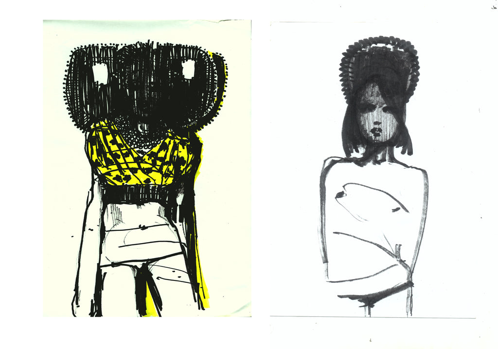 two drawings by Petra Lunenburg in marker of two girls wearing head pieces.
