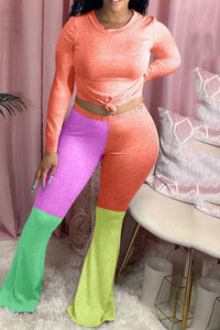 Color Splicing Top& Flare Pants Sets