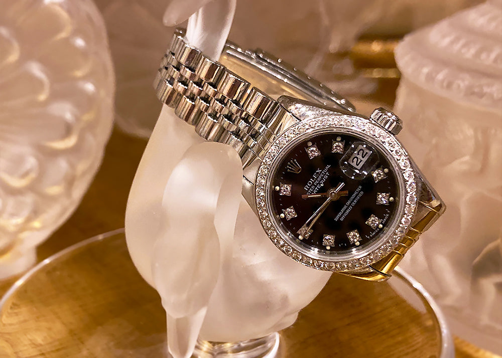 Rolex Ladies Stainless Steel Watch with Black & Diamond Bezel