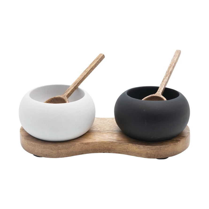 Mango Wood Tray with 2 Bowls and Spoons, Set of 5