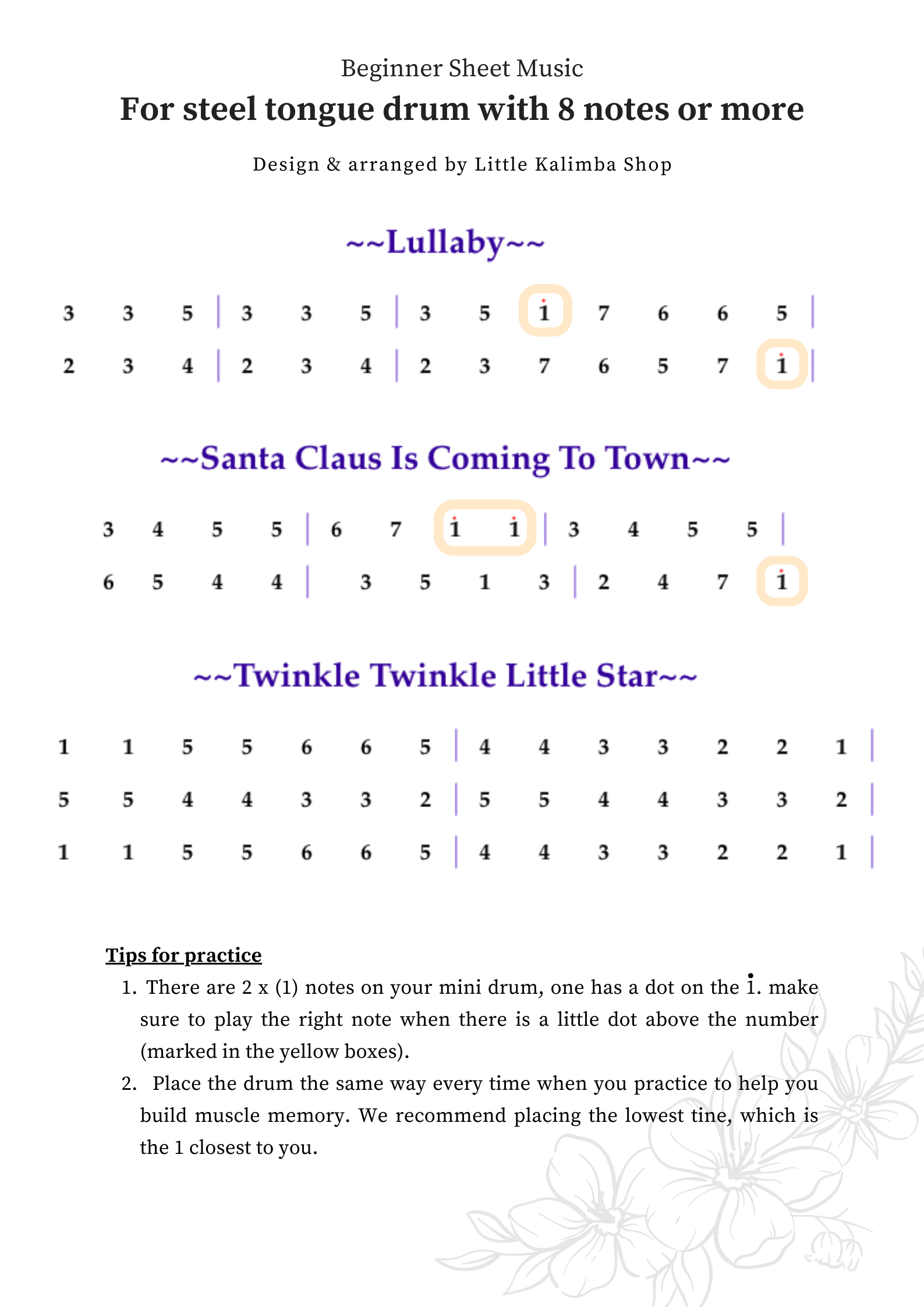 steel tongue drum sheet music tabs for beginners