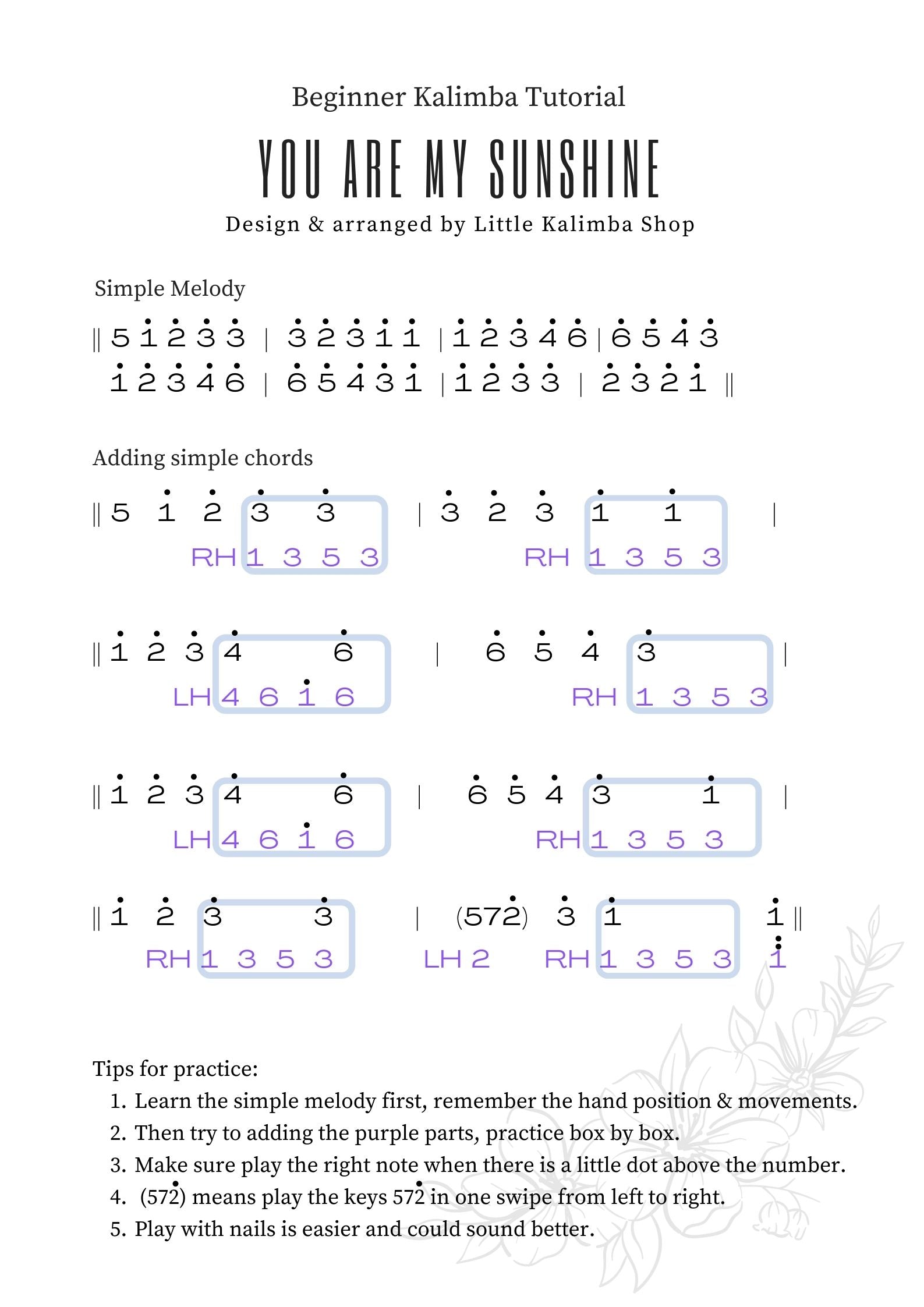 you are my sunshine kalimba sheet music