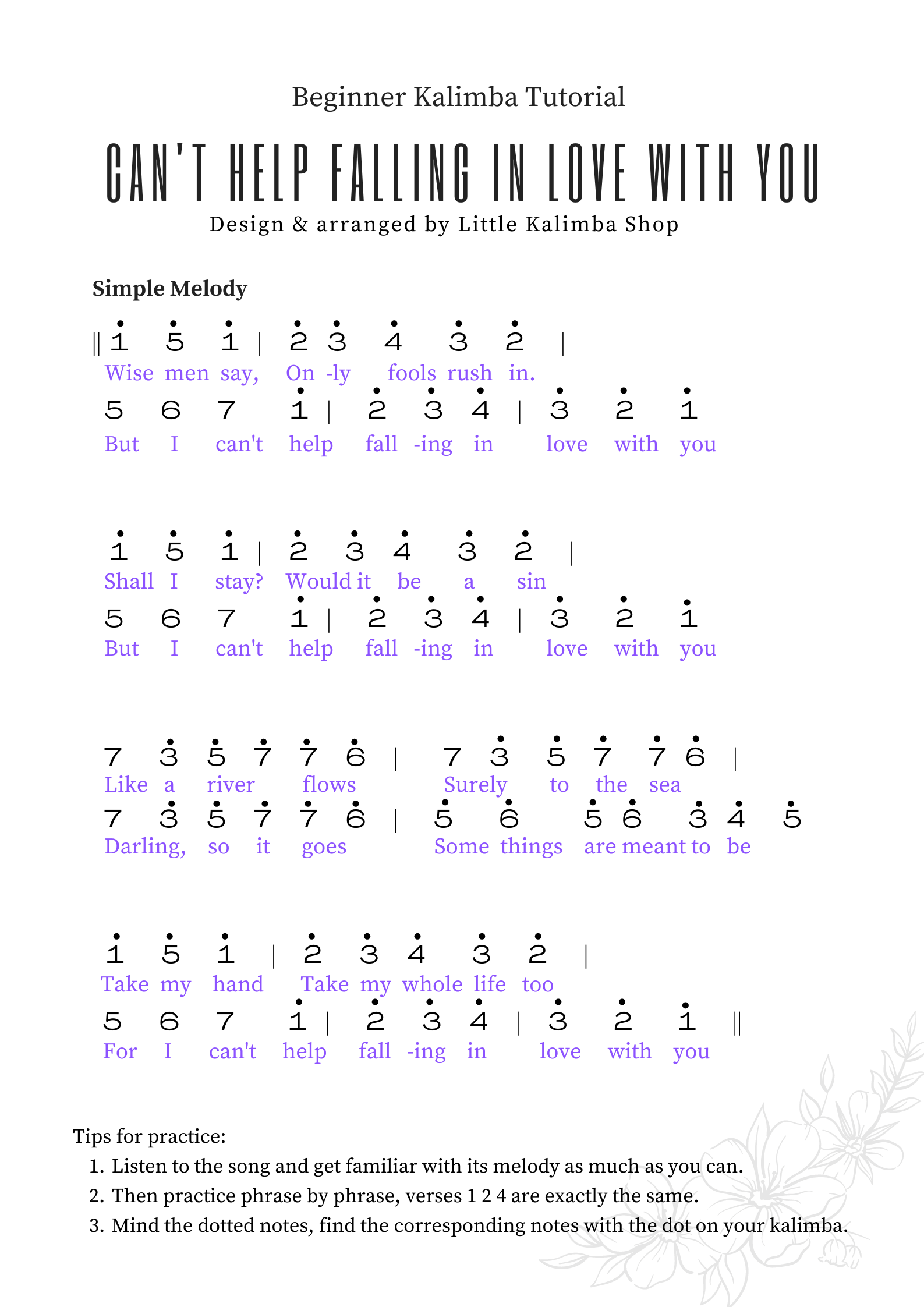 can't help falling in love with you kalimba sheet music