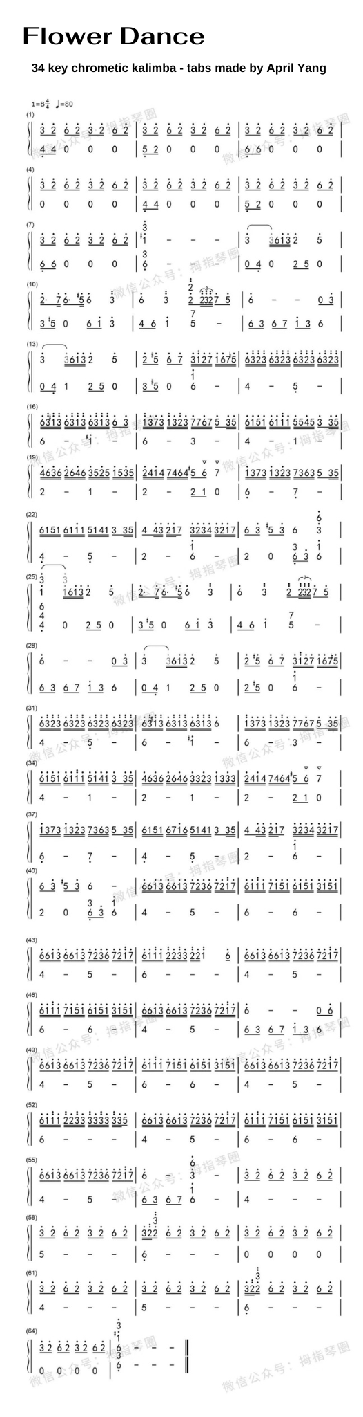 Kalimba tabs sheet music April Yang Flower Dance 34 key kalimba