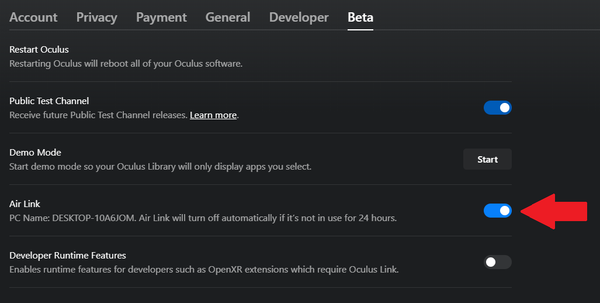 Oculus Desktop App Airlink Toggle