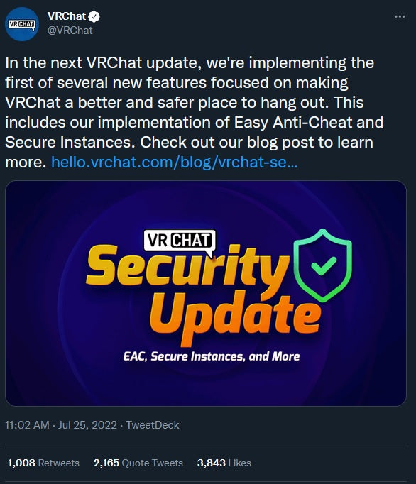 vr chat security update tweet twitter