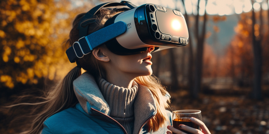 une femme dehors avec un casque VR