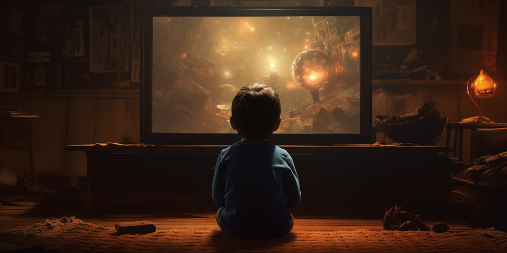 a child sitting close to the tv screen