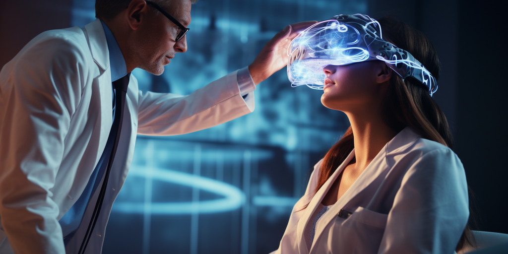 an Ophthalmologist examining a person that has a VR headset on