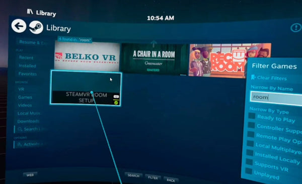calibrateur d'espace de jeu Steam VR dans le menu du tableau de bord Steam