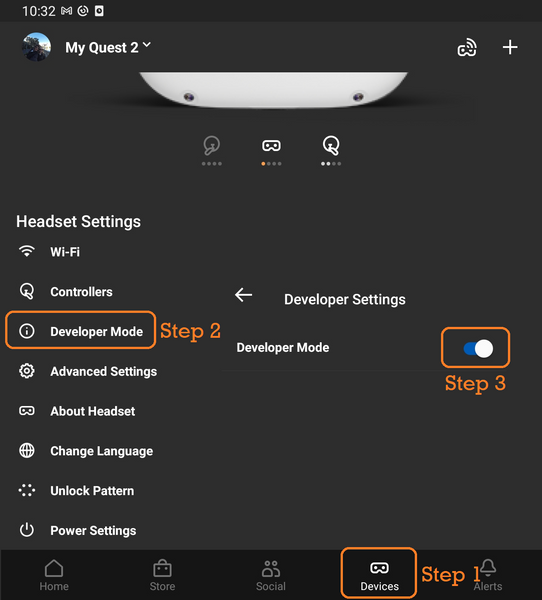 Enable developer mode on Quest mobile app