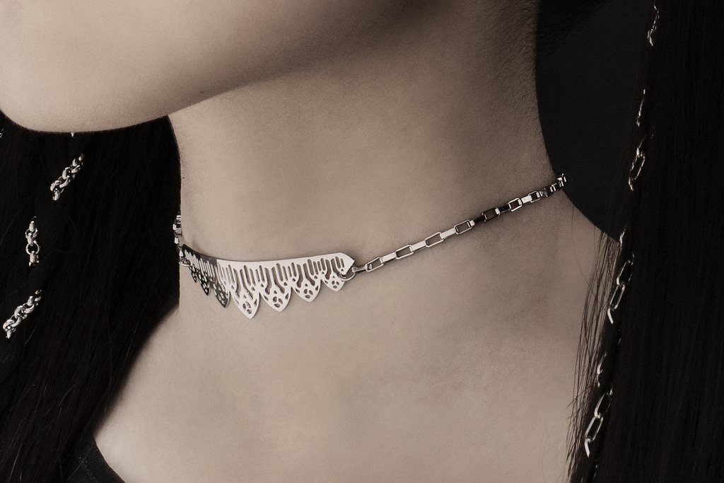 Elegant stainless steel choker by Myril Jewels, featuring gothic architecture inspired design, perfect for a bold, witchcore aesthetic or as a standout Halloween jewelry piece