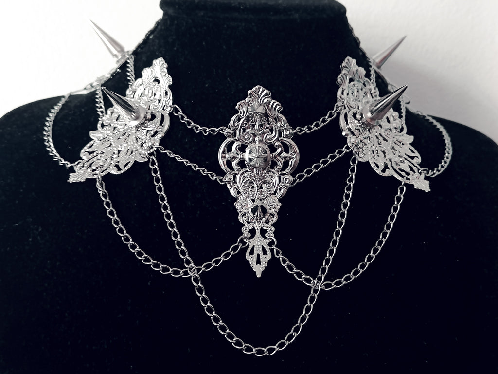 filigree choker with studs and hanging chains