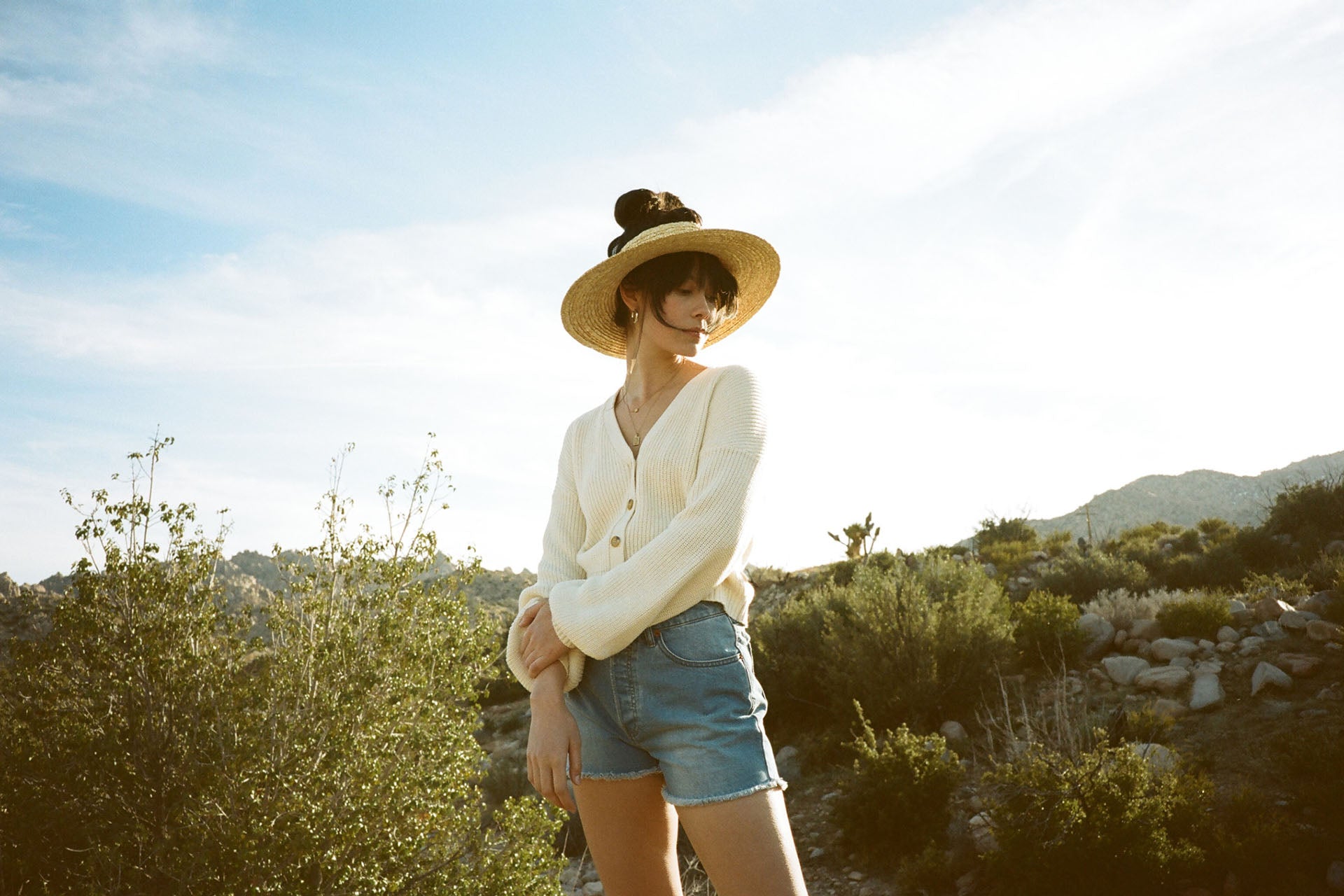 Spring sweaters and denim cut-off shorts for women