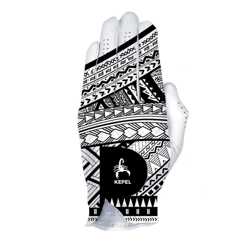 Tribal Action 🗿⚡ A revamp of the classic golf glove. Designed in Canada.  Have a smashing round with the Tribal Action glove. Featuring a dynamic print in black and white, this premium Cabretta leather glove fits snugly into your hand and makes a unique fashion statement. Inspired in Polynesian and South American pre-Columbian linework. 