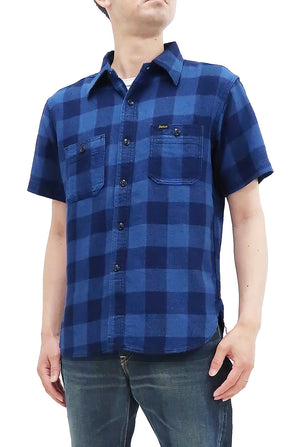 Studio D'artisan Shirt Men's Yarn-Dyed Indigo Plaid Short Sleeve