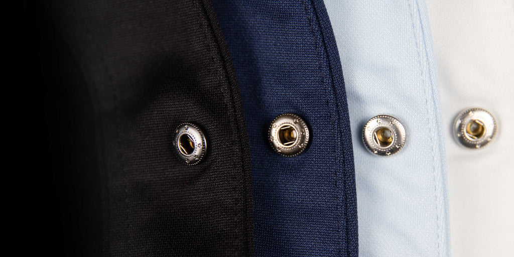 Close up of Metal Snap fasteners on the Cheegs 2.0 Collarless Dress Shirts