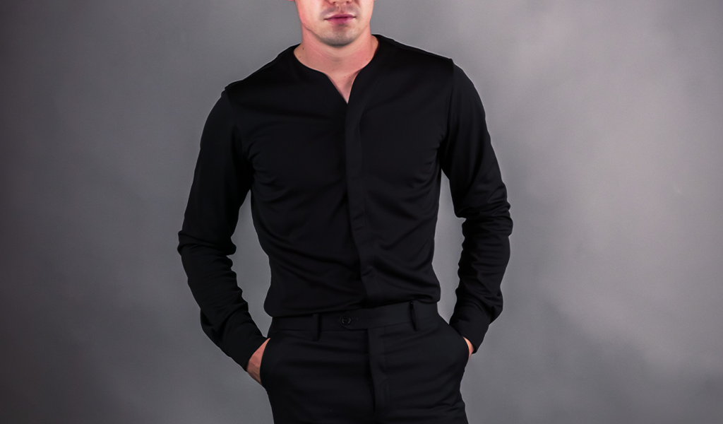 Man wearing a Cheegs collarless dress shirt 2.0 Long sleeve in Black