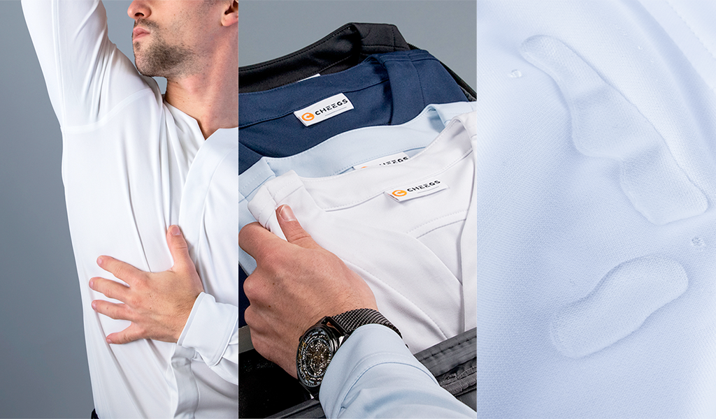 Collage that shows the benefits of a Cheegs collarless dress shirt. Heat regulating, wrinkle-free and stain repelling.