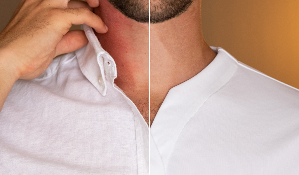 Close up of a collared and collarless dress shirt worn by a man that showcases the difference between both 