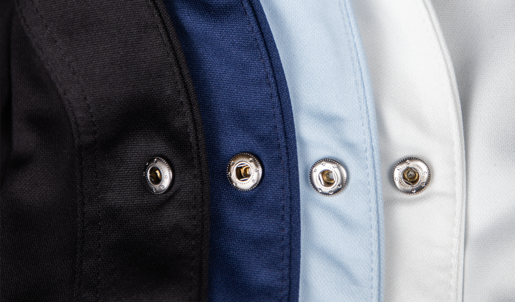 Close up of the Cheegs Collarless Dress Shirt metal snap buttons for a better and faster on and off experience