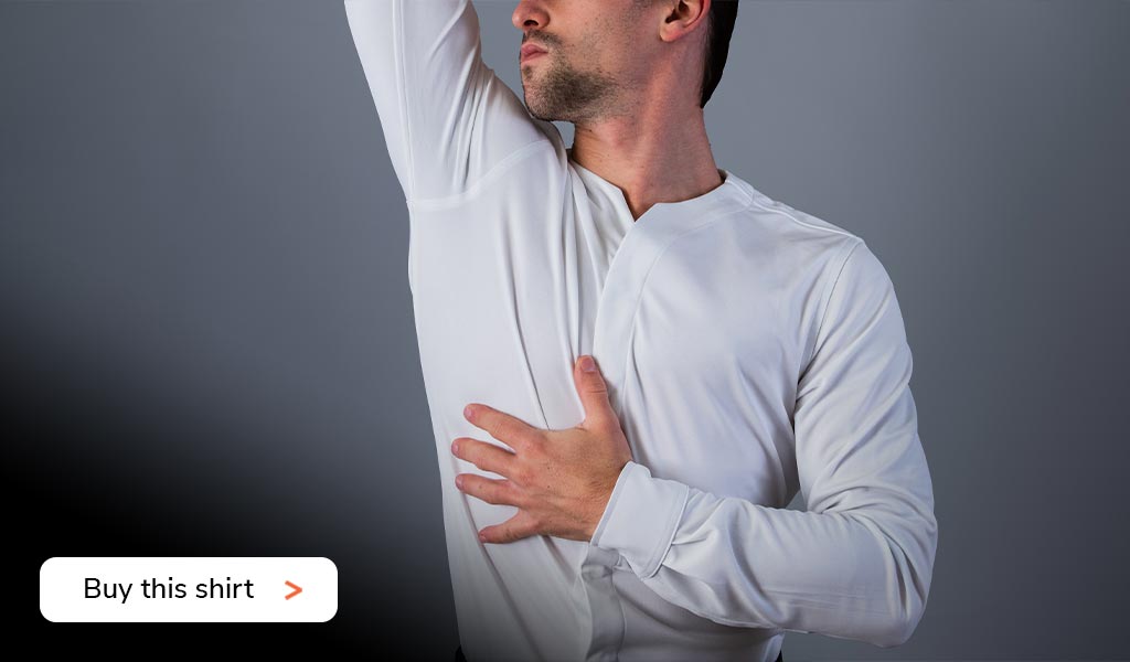 Man showcasing non-existing sweat in his Cheegs 2.0 Collarless Dress Shirt thanks to NASA Heat Temperature Regulating Technology