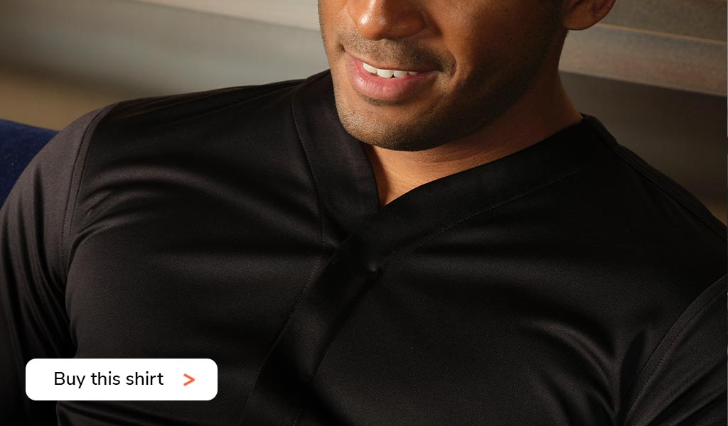 Man wearing the Cheegs 2.0 Collarless Dress Shirt in Black