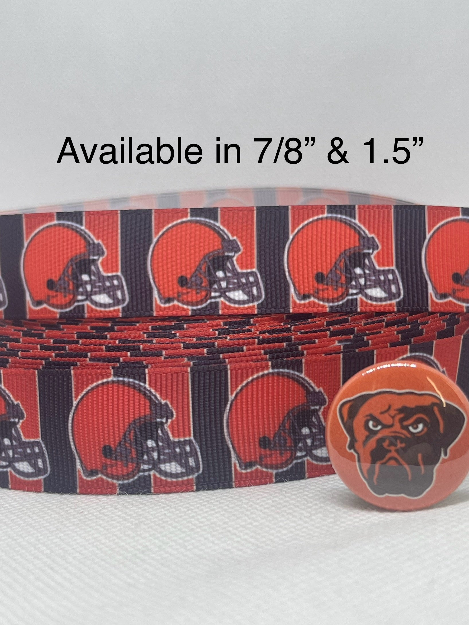 Cleveland Browns inspired 7/8" & 1.5" grosgrain ribbon and/or coordinating 1" flatbacks. Perfect for bow making and many other crafts.