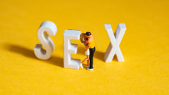 A yellow background with white block letters spelling out sex with two action figurines positioned as if they were engaging in steamy activity