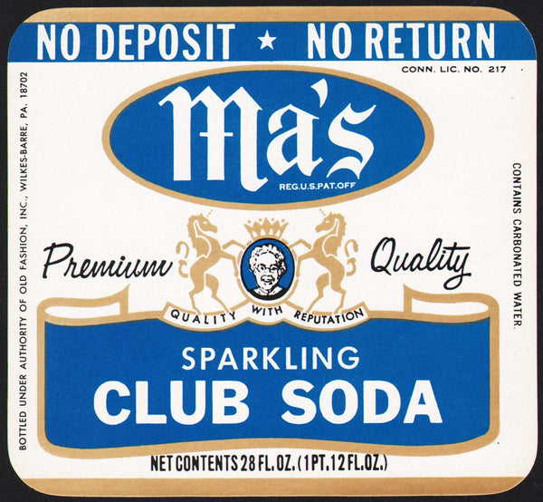 Vintage soda pop bottle label MAs CLUB SODA Wilkes Barre Pa new old st –  Mistercola