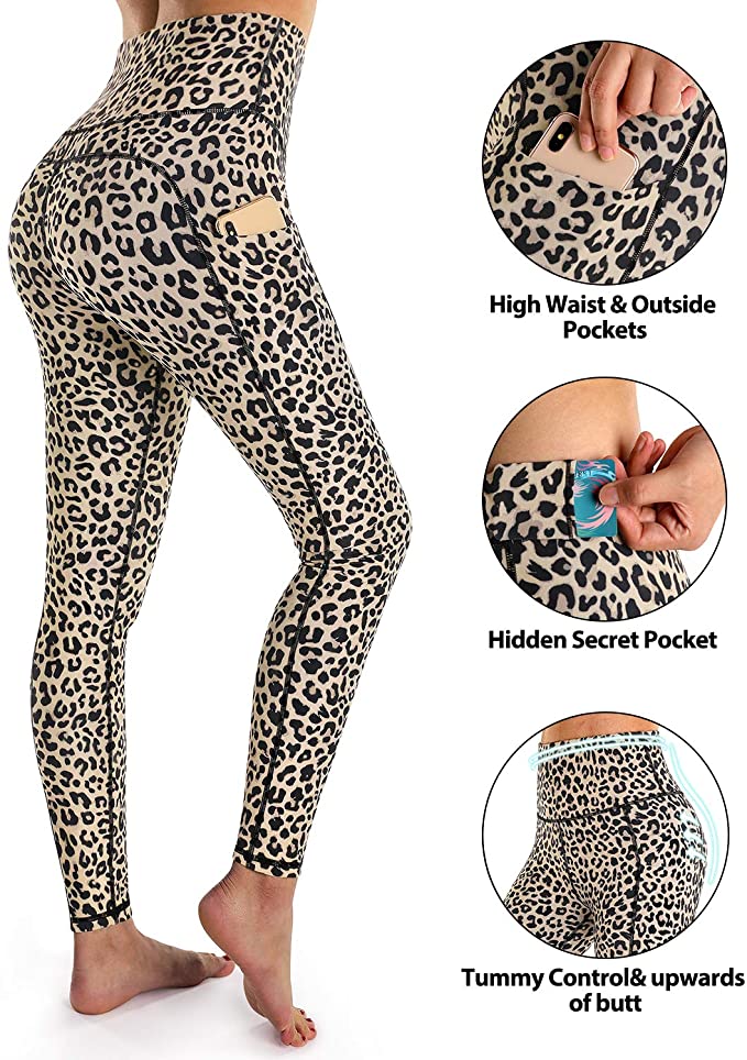 New OUGES Ultra soft Running Workout Leggings for Women High Waisted Yoga Pants with Pockets, Leopard, Sz S! moose