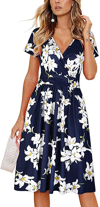 New OUGES Womens Summer Dress Short Sleeve V Neck Casual Floral Wrap Dress with Pockets, Navy Floral Sz XXL! active_bidding