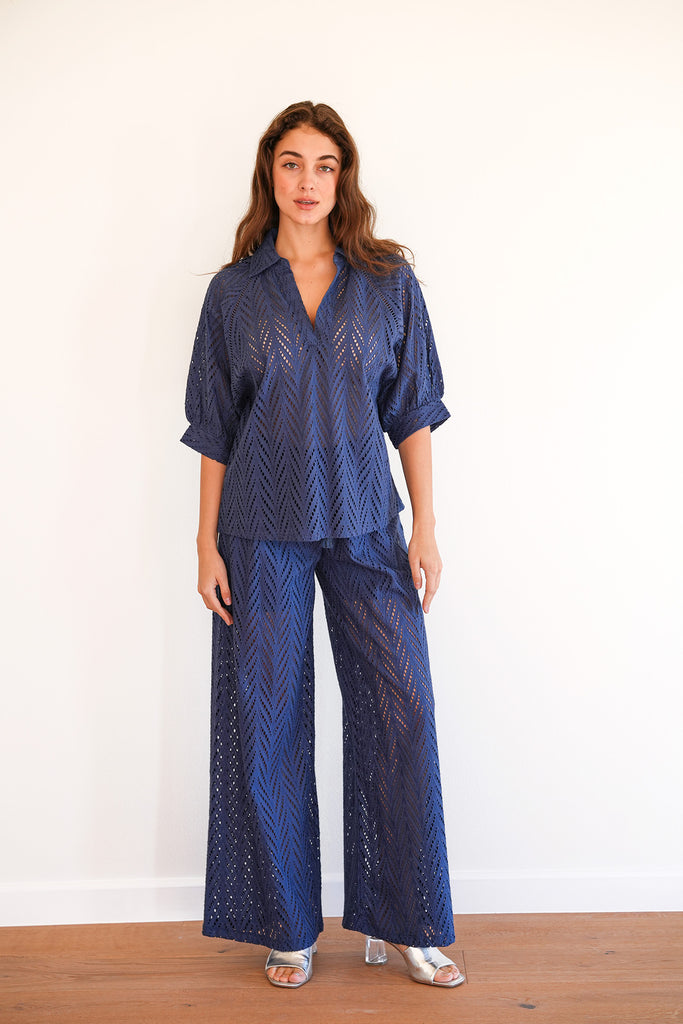 Ashley Schiffli Lace Top and Logan Pants in Navy Blue