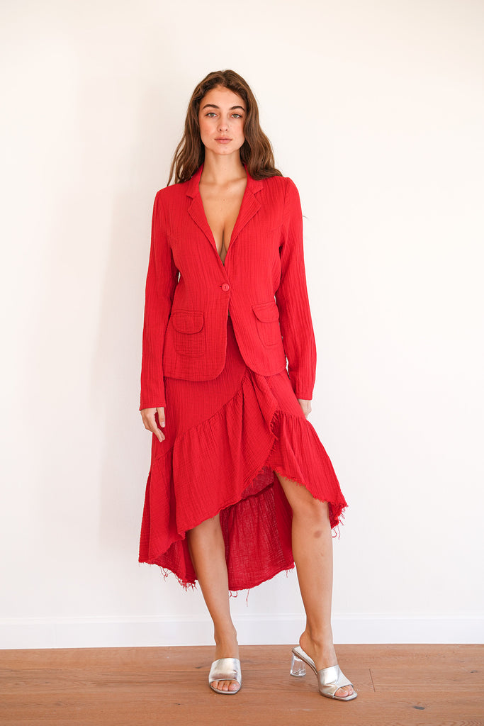 Cotton Blazer and Ruffle Skirt in Ribbon Red