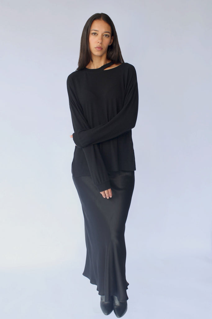 Black Aria Sweater with silky Bias Skirt in Black