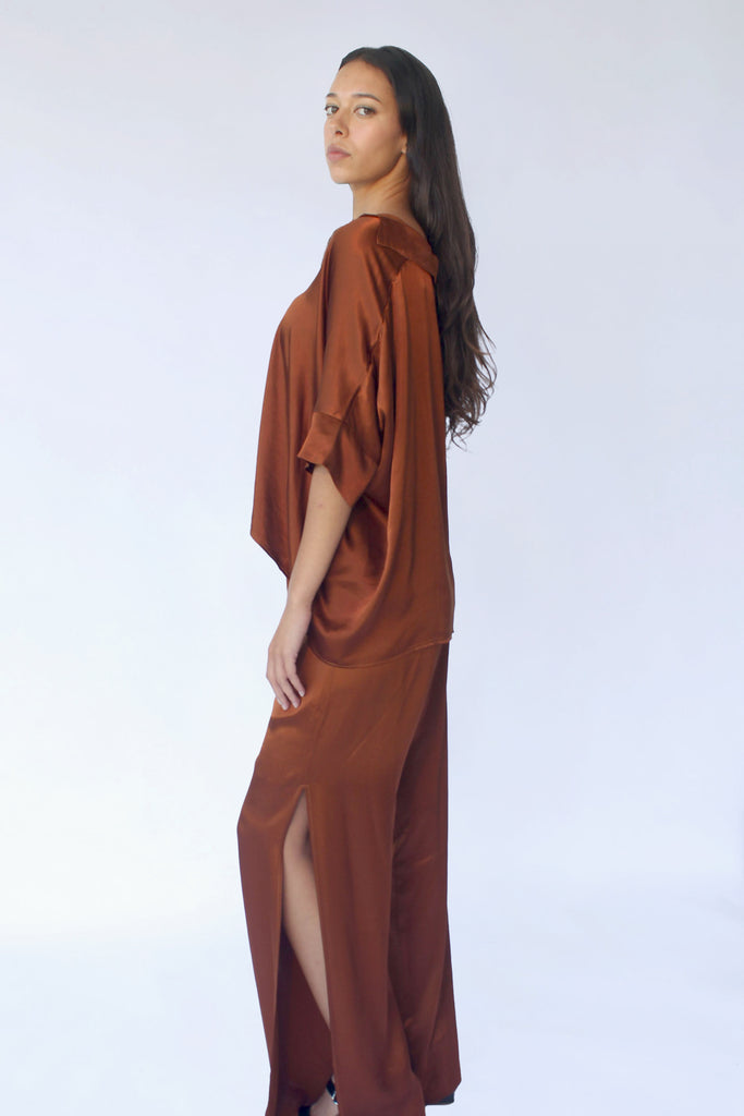 STARKx Provance Top and Silky Side Slit Pants in Rich Brown