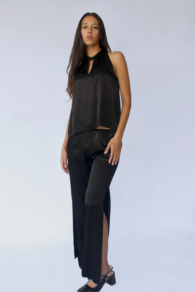 Silky Riley Top and Side Slit Pants in Black