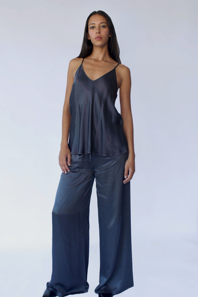 Silky slip top and wide leg pants in Ash Grey