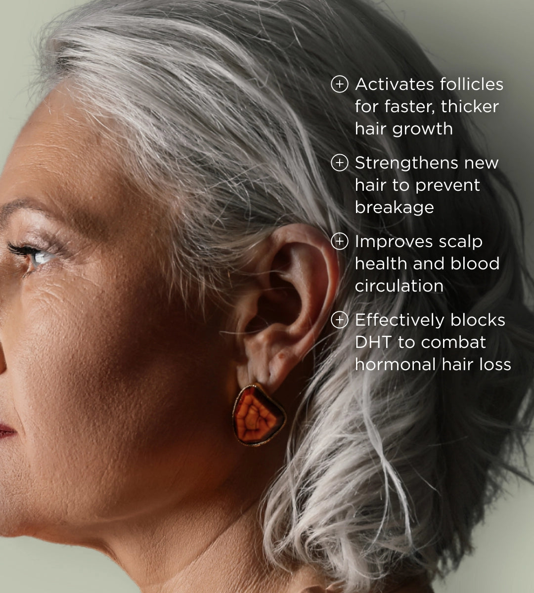 Side profile of a senior woman with text about hair growth benefits.