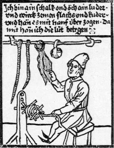 A medieval picture of a roper. The ropemaker is spinning hemp fibers.