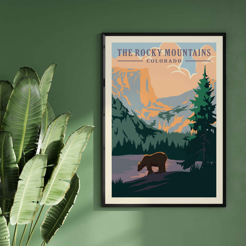 Rocky Mountains National Park Poster framed on green wall 